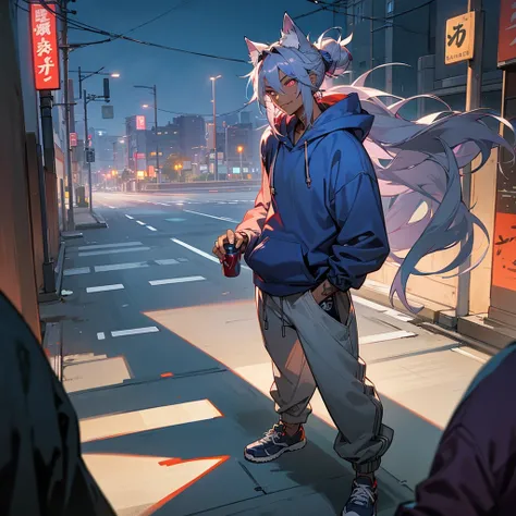 1male, young adult, dark skin, finely detailed plum eyes, messy top bun, wild long hair, grey hair color with blue highlights, designer hoodie, baggy pants, standing on street, night time, tokyo streets, excited expression, muscular, tattoos, holding soda ...