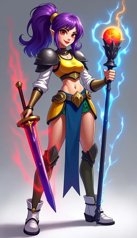 An animated woman that is 6ft tall that has purple hair with a red ponytail and a blue ponytail in her hair. She also has one red eye and one yellow eye. She wears a yellow and blue armored vest and wears a green armored skirt and white boots. She also has...