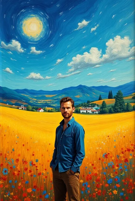 A breathtaking landscape painting in the style of Van Gogh, with swirling brushstrokes, vibrant colors, and a serene countryside scene, 1 man standing in a field, beautiful detailed eyes, beautiful detailed lips, extremely detailed face, longeyes, dramatic...