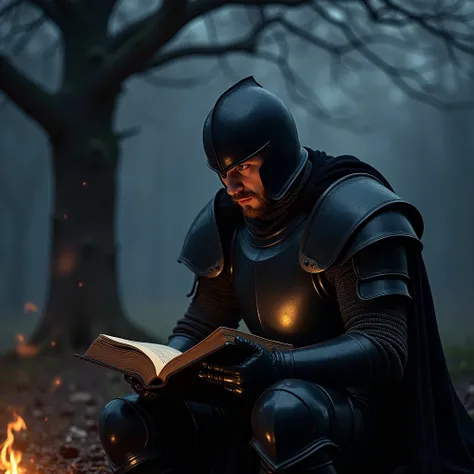 Knight in black armor sitting near a tree, he is reading a book, it is night, there is a light nearby illuminating