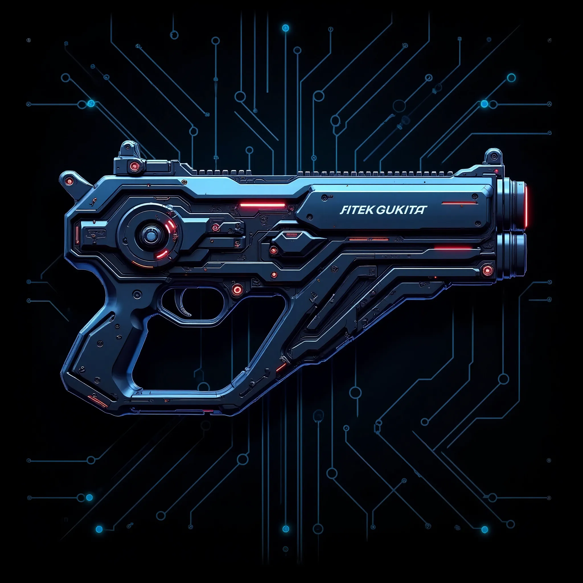 (masterpiece:1.2, best illustration,Super detailed),(Cyberpunk design drawing of a gun based on navy blue and black:2.0),( Laser Guns :2.0),(Energy Guns :2.0),(abstract cyberpunk electronic circuit pattern on black background:2.0)