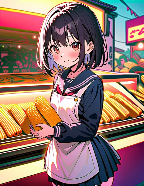 (8K, best quality, master piece: 1.2),super high resolution,best quality,1 girl,14yo,solo,ultra-detailed face,detailed eyes,red eyes,short hair,black hair,mascara,the girl holdinga a grill corn,standing,:q,long sleeve school uniform, sailor suit,pleated sk...