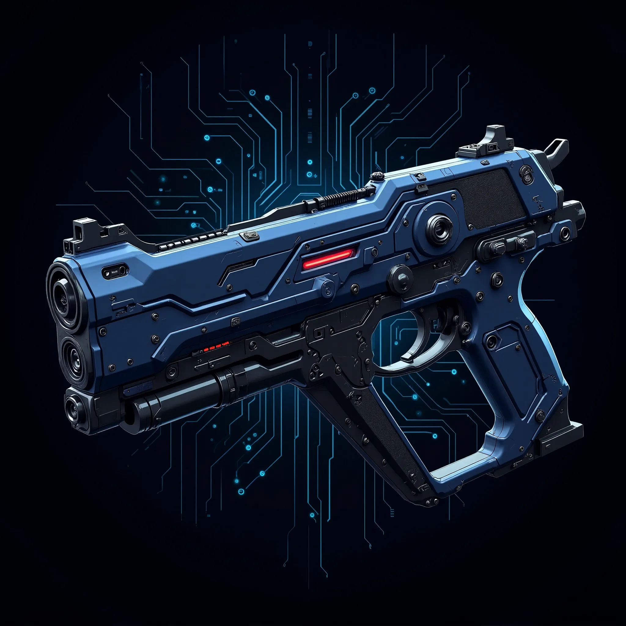 (masterpiece:1.2, best illustration,Super detailed),(Cyberpunk design drawing of a gun based on navy blue and black:2.0),( Laser Guns :2.0),(Energy Guns :2.0),(abstract cyberpunk electronic circuit pattern on black background:2.0)