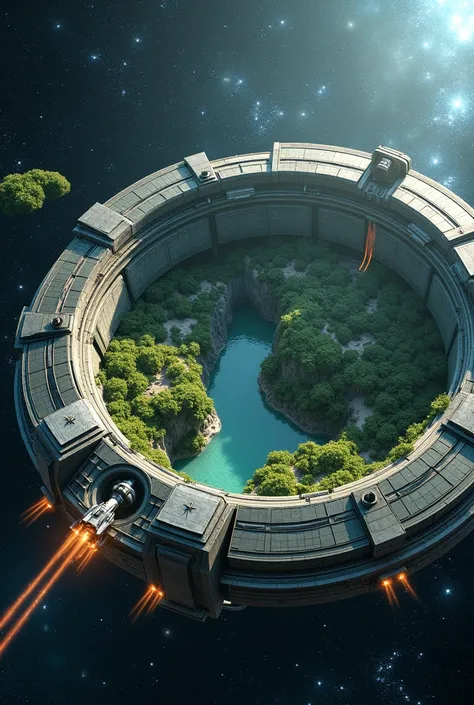 A detailed close view from inside a futuristic  colossal rotating space station. The space station resembles a ring-shaped habitat with large transparent panels, revealing lush green landscapes, rivers, and buildings inside. The station orbits a dark, star...