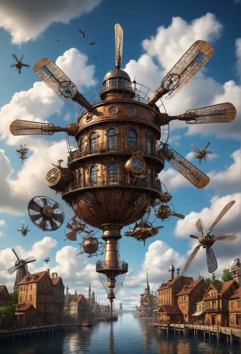 (best quality,4k,8k,highres,masterpiece:1.2),ultra-detailed,(realistic,photorealistic,photo-realistic:1.37),floating, Intricate Steampunk city floating on a cloud,abundant steampunk windmills and propellers,da vinci style wings, dramatic sky and dramatic l...