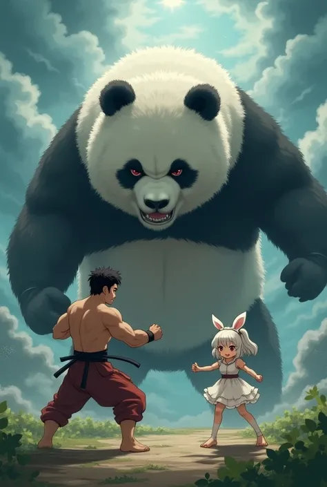 (1man(very short hair,black hair,Muay Thai costume) and 1giant-panda(fluffy, giant,huge, scary) both angry and rage and yell, in the super intense thunder and super huge tsunami, are watching anime(1girl(chibi,human,cute,kawaii,small ,age of 10,white hair,...