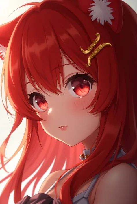 1girl, Solo, High Details, High Quality, Red Hair, Long Hair, Cat Ears, Crescent Earrings, Red Eyes, , Simple background, From Side, Feet Out Of Frame, Hair Ornament, Hairpin, Anime Style, Anime, Moaning, 