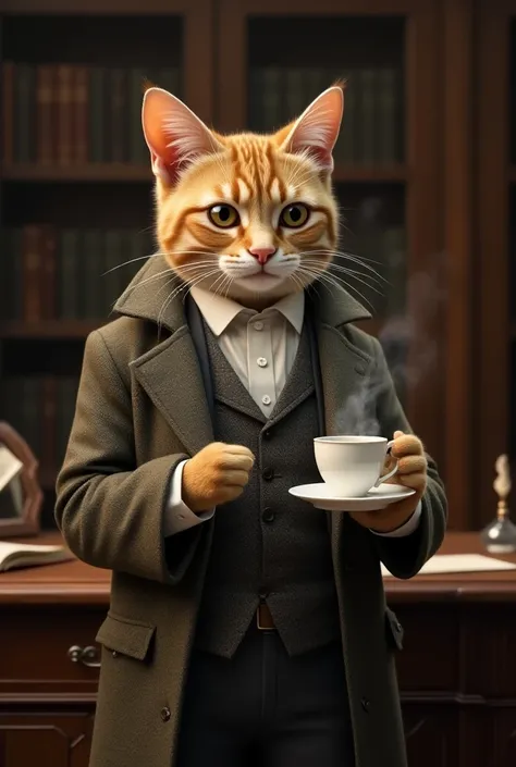 Cat wearing coat and pants like a lecture teacher
Holding tea cup in hand