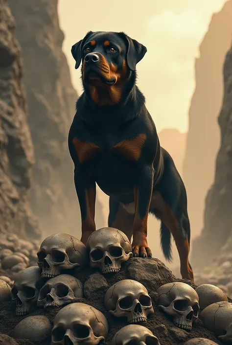 Rottweiler standing atop a mound of human skulls in a desolate, rocky landscape, dramatic lighting highlights the dogs fierce expression, conveying strength and dominance, the background features grayish-brown rocky cliffs bathed in soft golden hues, atmos...