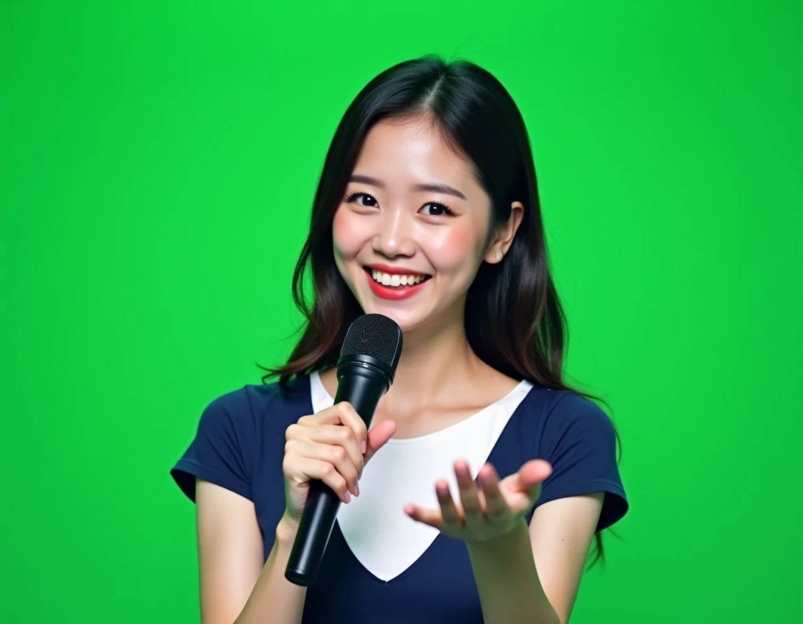 beautiful Korean female singer holding a black microphone and singing, sharp, impressive face, bright and beautiful smile, she wears a white t-shirt with a navy blue V-neck, slim figure drop, her right hand holds the microphone, her left hand is raised for...