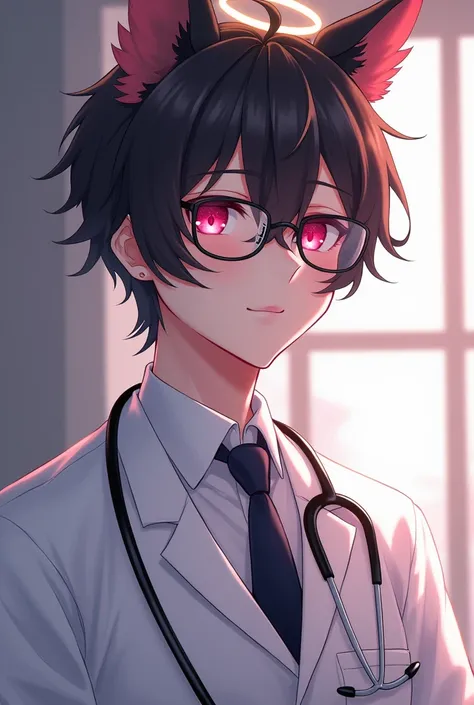  A male adult anime psychologist.  brunette .  Red eyes mixed with dark pink , fairy ears ,  with angel ring .  Scar on right eye , brunette,  wearing glasses ,  gentle face . Dress up as a doctor