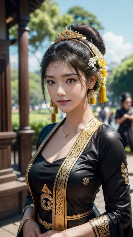 1female, a woman in the era of the Majapahit kingdom, is having a traditional Javanese wedding with gold and black ornaments, wearing a typical Javanese bun, with a charming and charming gaze, smiling, oriental female, with the Prambanan temple in the back...