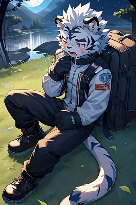 Kogenta (Onmyou Taisenki), A furry white tiger ,Shota,(,Tiger Tail,Prototype White Tiger,Thick eyebrows,Moderately strong body), Wearing a one-piece racing suit( long sleeve leather jacket, Leather Pants ),, Racing Gloves ,Racing Boots (Motorcycle Boots),,...