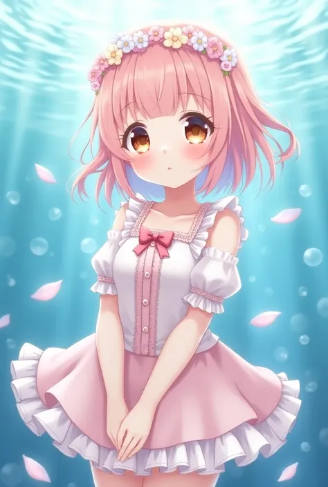 "A detailed anime-style illustration of a young girl with soft pastel pink hair decorated with flower crowns. She has large, expressive amber eyes and a gentle, innocent facial expression with a subtle blush. The girl wears a delicate white and pink frilly...