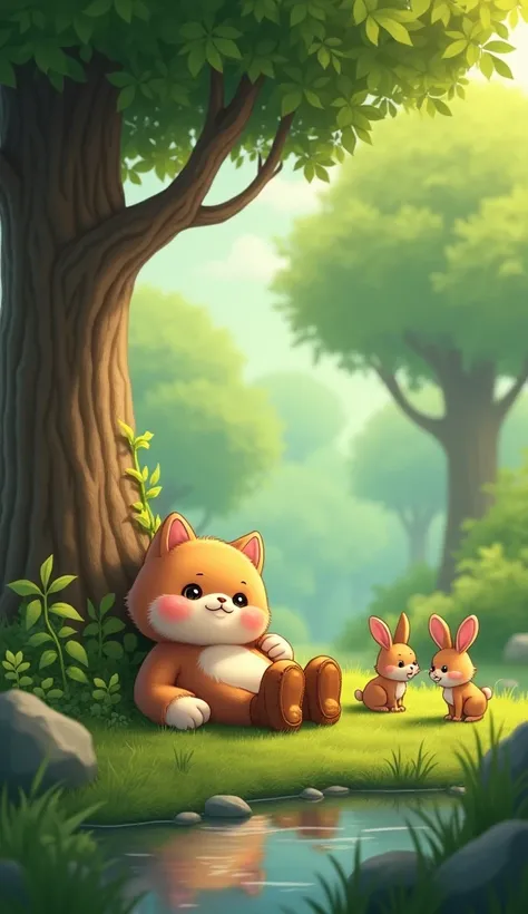 green scenery and big shady trees, (a brown kitten wearing boots is relaxing while smiling,) beside it there are (two small brown rabbits chewing on water)