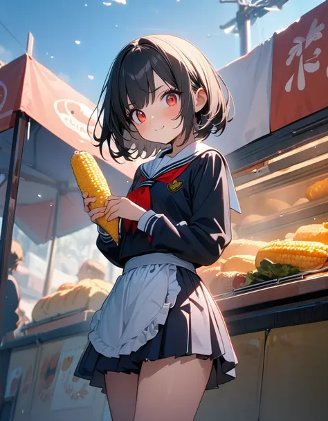 (8K, best quality, master piece: 1.2),super high resolution,best quality,1 girl,14yo,solo,ultra-detailed face,detailed eyes,red eyes,short hair,black hair,mascara,the girl holdinga a grill corn,standing,:q,long sleeve school uniform, sailor suit,pleated sk...