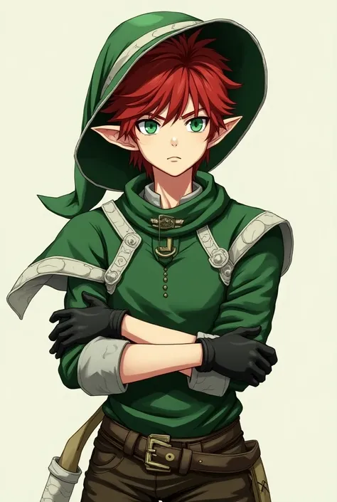  An old anime character ,  this character is young , masculine, , He has messy red hair , her skin is pale white .  his eyes show a serious expression , Your eyes are green.  His garments are green with white details like those of an elf, Has black gloves ...