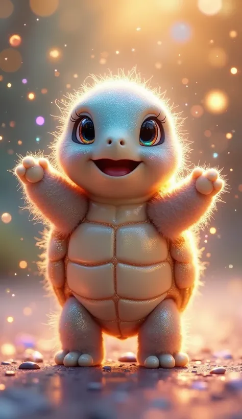 A fluffy turtle with a shiny carapace in pastel rainbow tones,  covered in luminous and sparkling details that resemble galaxies . The turtle is standing ,  with the front legs raised and opened upwards , as if dancing.  looking directly into the camera  ....