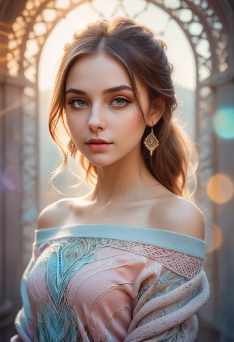 1girl,mysterious girl ,an exotic girl in off-shoulder sweater,fading backlit background,pastel colors,alluring goddess,amazing depth,double exposure,surreal,geometric patterns,intricately detailed,bokeh,perfect balanced,deep fine borders,artistic photoreal...