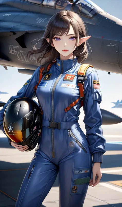 (masterpiece, ultra quality, official art, 8k, beautiful and aesthetic:1.3), (1lady), solo, (cowboy shot:1.3), (The landscape of the runway with a jet fighter), anatomically correct, absurdres, (well-defined facial features, perfectly proportioned face, gr...