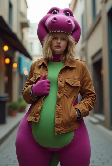  Blonde woman wearing a Barney costume, and wearing a brown jacket  