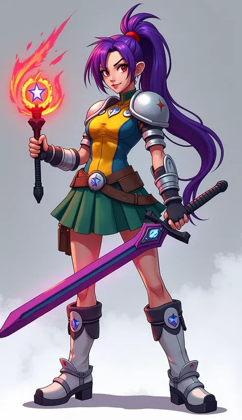 An animated woman that is 6ft tall that has purple hair with a red ponytail and a blue ponytail in her hair. She also has one red eye and one yellow eye. She wears a yellow and blue armored vest and wears a green armored skirt and white boots. She also has...