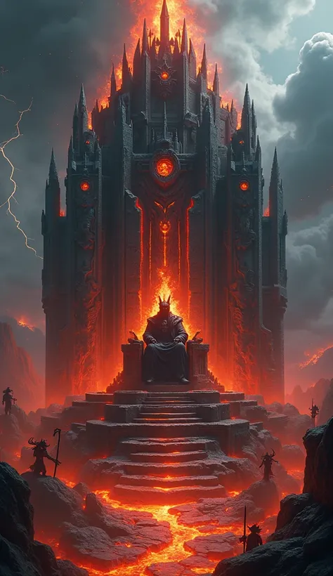 A stunningly detailed 8K image of the Infernal King’s throne, a massive, obsidian structure adorned with hellish carvings and glowing with veins of molten lava. The throne sits atop a dais of jagged rock surrounded by a sea of fire, with demonic guardians ...