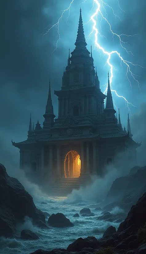 A very old temple. There is lightning. There is strong wind. Its night time.