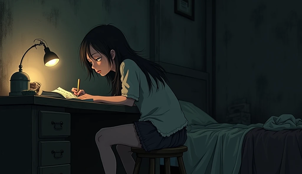 create an animated image of poor girl studying late at night in a cramped dorm room.