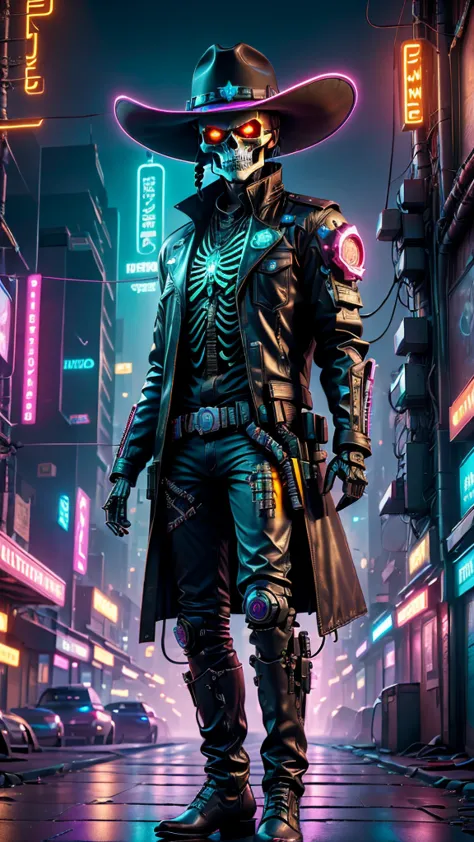 cyberpunk personage,skeleton robot cowboy sheriff,mysterious dark background,neonlight,cybernetically enhanced,weapons of the fu...