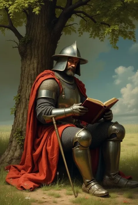 Arafed knight sitting under a tree reading a book, painting of a knight, Medieval fantasy art, husky in shining armor, medieval d&humor, Direction: Donato Giancola, fantasy knight, renaissance painting of a knight, medieval high fantasy, medieval fantasy, ...