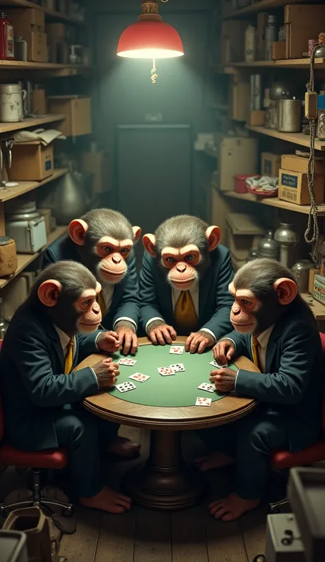 4 monkeys playing poker in a storage room