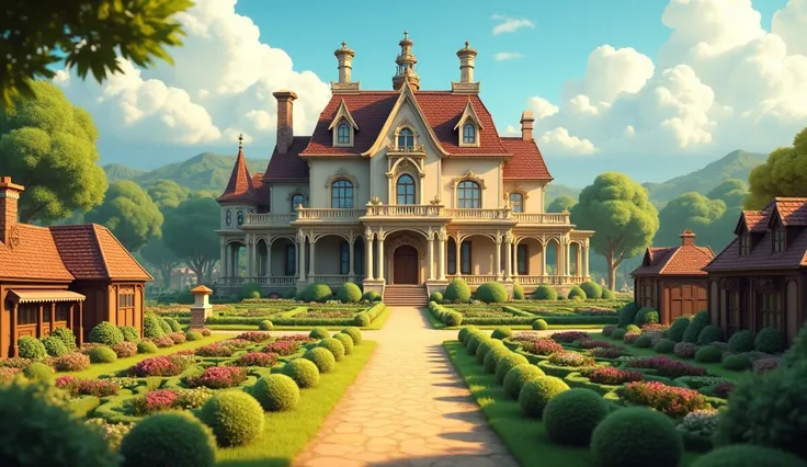 Generate in 3d cenematic cartoon style 
The rich landowners opulent farmhouse** – A large, lavish house in the distance, surrounded by neatly arranged gardens, illustrating the contrast between the workers humble homes and the landowners wealth.