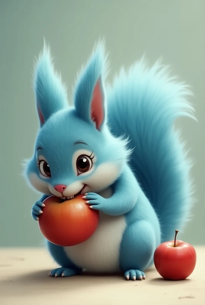  squirrel , Fluffy, Fat person, Round body ,blue, Eat an apple