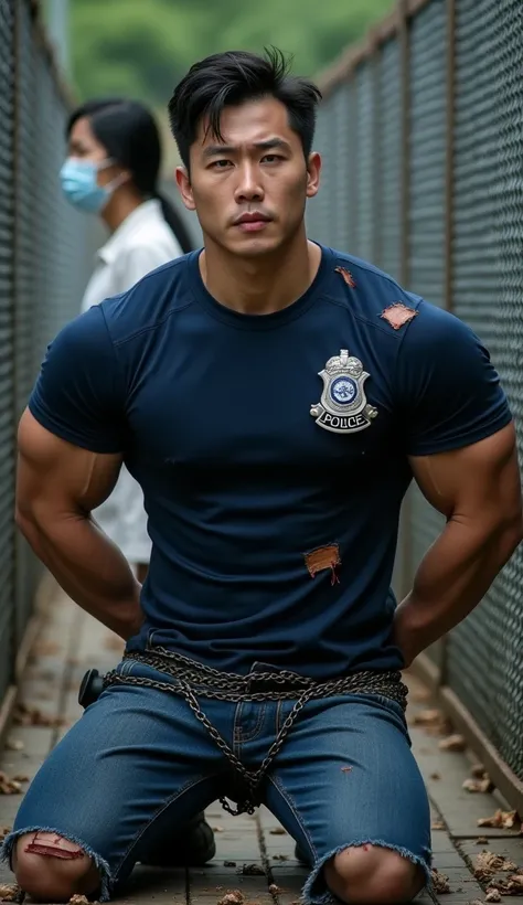 (Man in police uniform and under shirt:1.8), (shirt Torn:1.8), Ripped, Man in Tight Navy Blue T-Shirt with Police Badge, One Eye Closed, (((Muscular, Fit, Korean Man in Tight Navy Blue T-Shirt))), (Bloodstain on Cheek), Wearing Jeans, (((Big Arms, Toned Ch...