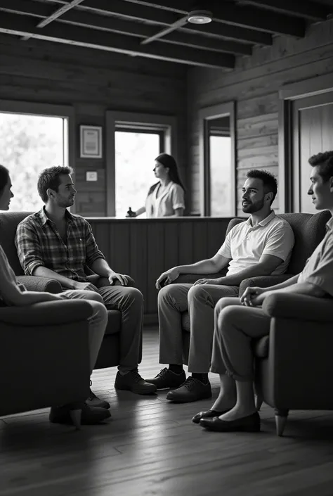  3 friends sitting in armchairs at the reception of a campsite, 2 men and 1 woman , And a woman at the reception desk , realistic black and white image 