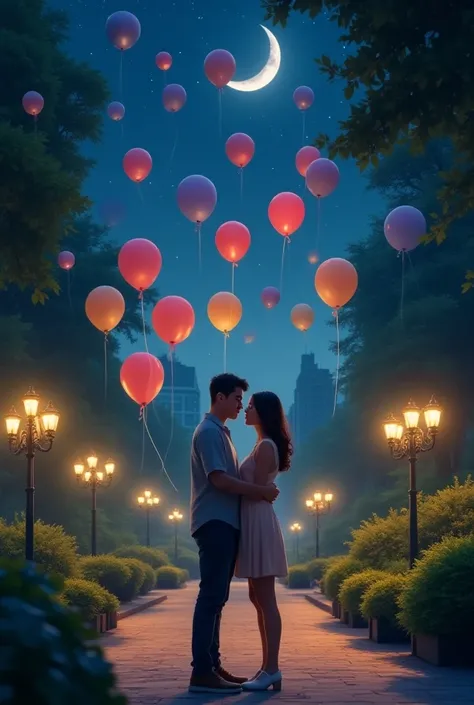 Adult girl and adult boy in a park with balloons surrounding in the night 