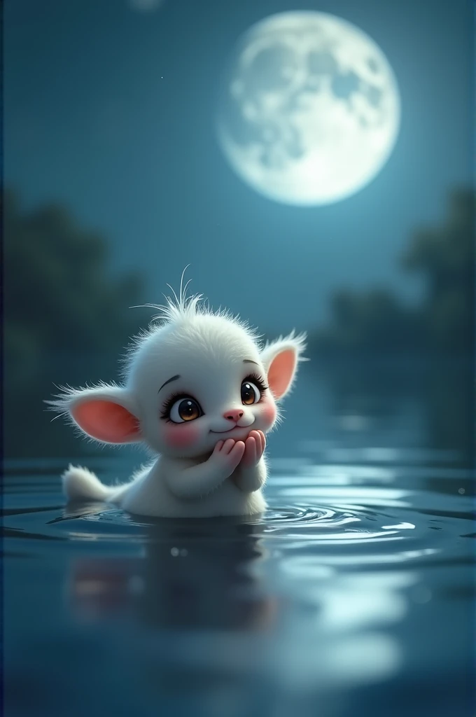 The cute little creature slowly moving his hands and head showing affection. Water is moving in the full moon night 