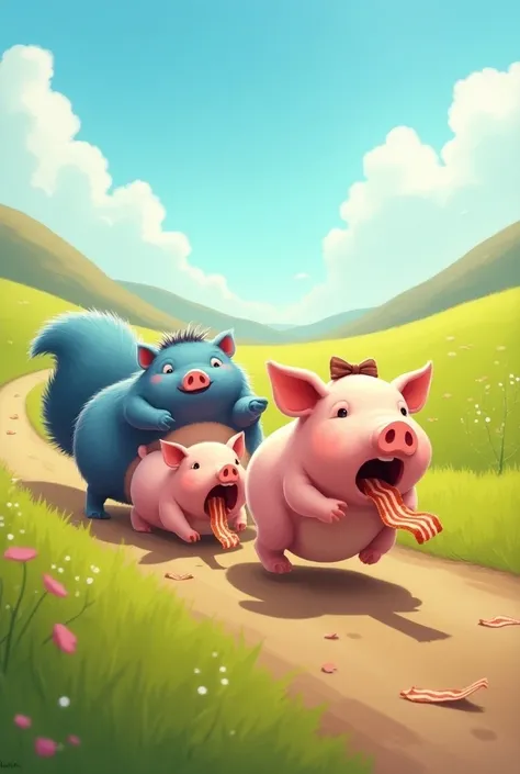 FAT BLUE SQUIRREL RACES EATING BACON WITH FAT PIGS