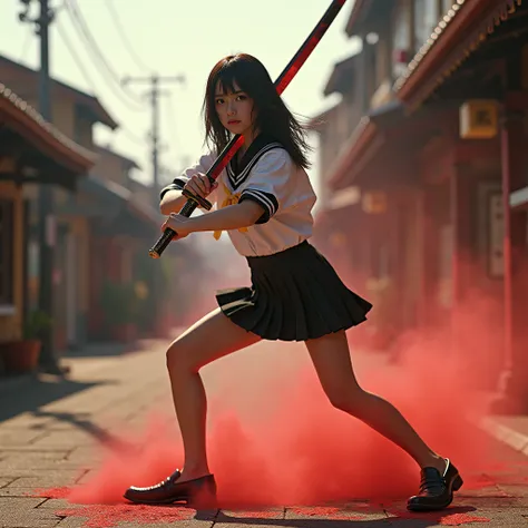 ExtremelyDetailed (Kuriyama Chiaki in Kill Bill), Correct Only one KATANA called ONI KIRI with Dazzling Reflection, Motion blurred Trajectory image of the KATANA, High definition Beautiful face with Innocence, Haunting Beautiful Reflective Eyes, in Very Wi...