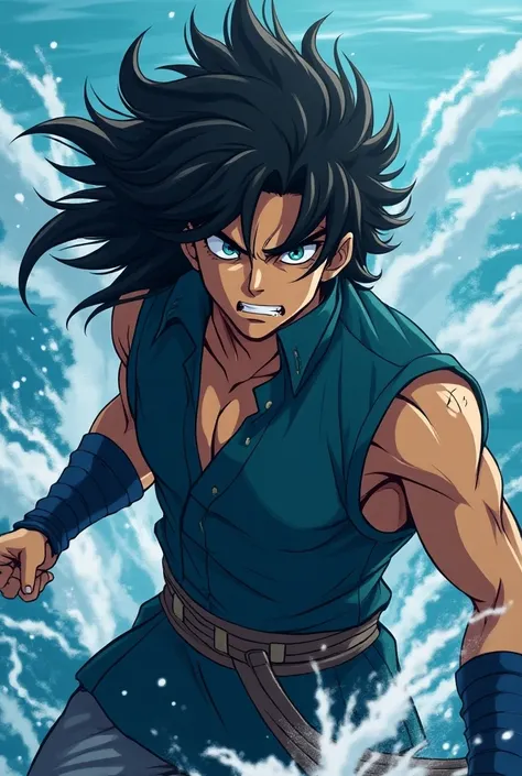 A guy with wavy long hair is angry with the blue ocean background in Mortal Kombat sub-zero anime style