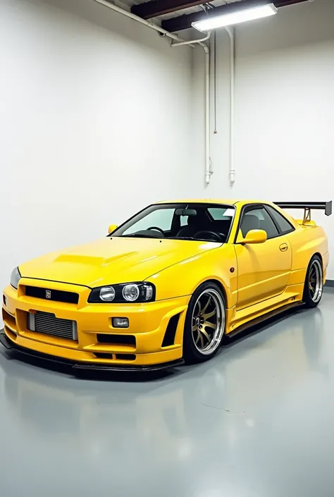 Nissan GTR r34 Yellow with modified tuned white details recessed in a White garage