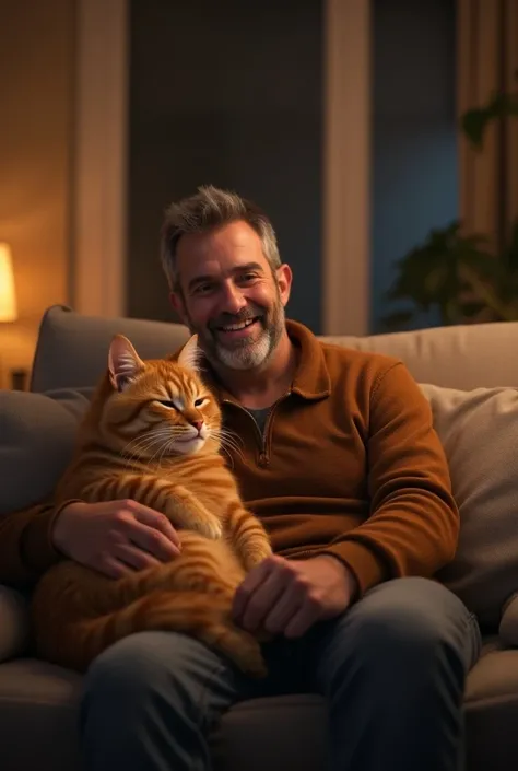 An orange cat with a plump body is seen sitting comfortably with its owner, a man, both laughing while watching TV. They are sitting on the sofa, and the scene takes place in the living room at night, with soft lighting creating a cozy and warm atmosphere....