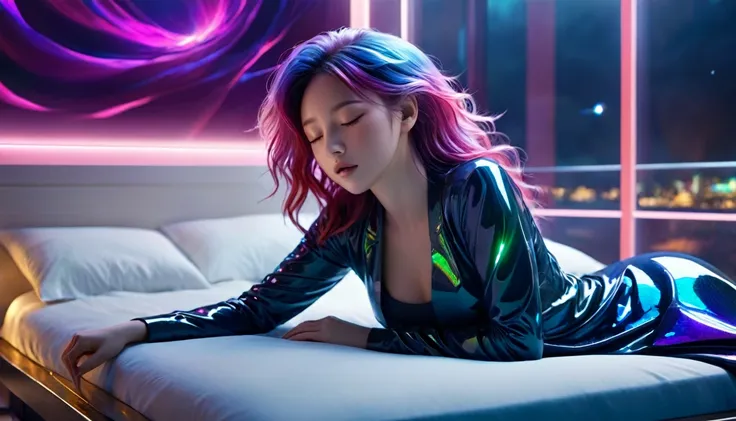 (best quality,8k,ultra-detailed:1.2),(CG,CG art,3D rendering),(masterpiece:1.2),（Crawling on the table），（Sexy clothing），(movie lighting,futuristic),(woman lying in bed,sleeping,closed eyes),(large window behind her,tranquil night),(colorful hair:1.5)