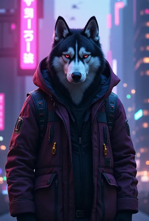 “A serious-looking Siberian Husky wearing a jacket with a hood, in a cyberpunk urban setting with purple and blue neon lights and skyscrapers in the background.” Isso deve funcionar muito bem!