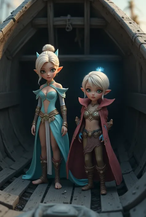  Lux and Poppy from League of Legend in a human version. AS CLOSE AS POSSIBLE .
With the bottom of a boat 
