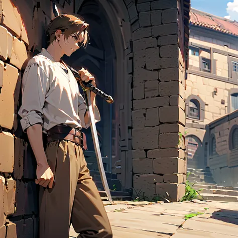 A 20-year-old young man with a noble and knightly demeanor stands confidently. He has brown hair and wears a white shirt, tucked into brown pants. Dark brown boots complete his outfit, and a sword hangs from his waist, the hilt peeking out from his side. H...