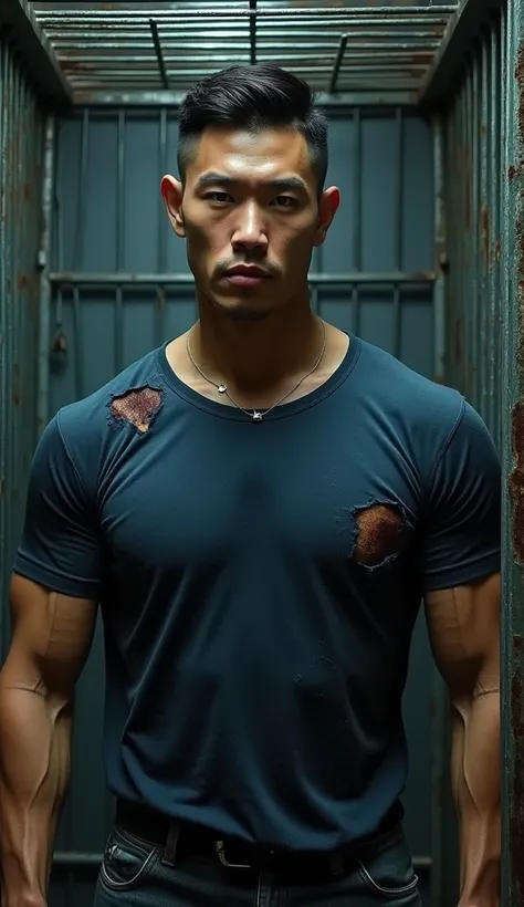 A handsome Korean guy bows his face  , Crewcut haircut ,  A muscular, tall bodybuilder wearing a navy blue round neck T-shirt, his shirt torn off, was trapped in a dog cage. , There are battle wounds.