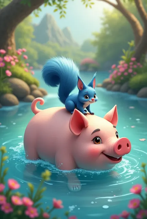 Hiya, a pig swimming with a blue squirrel