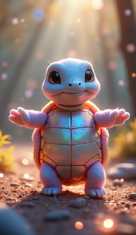 A fluffy turtle with a shiny carapace in pastel rainbow tones,  covered in luminous and sparkling details that resemble galaxies . The turtle is standing , with front legs raised and spread upwards dancing.  looking directly into the camera  . His expressi...